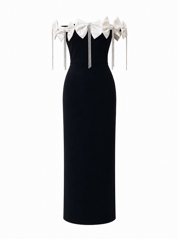【新品DRESS 4839】タッセルビジュー×バイカラー立体リボンモチーフストレッチタイトロングドレス ブラック